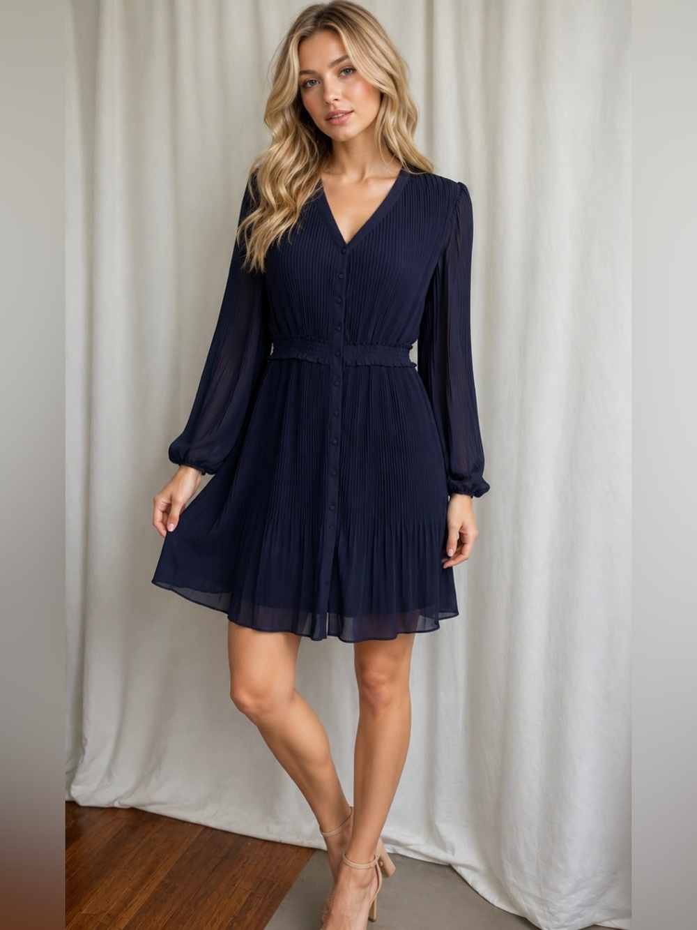 SAKS FIFTH AVENUE Navy V-Neck Pleated Long-Sleeve Dress Sz S